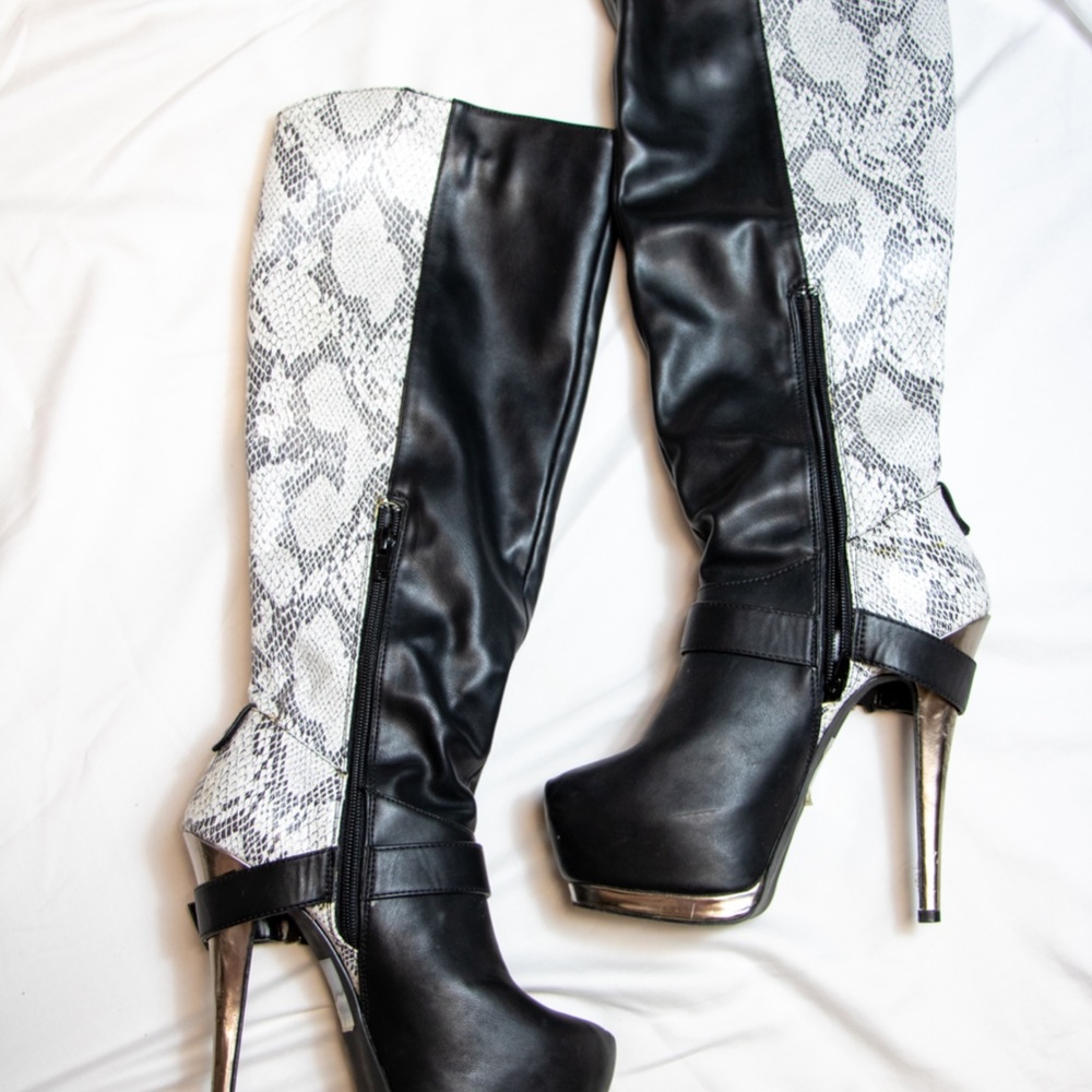 Knee High Black & Snake Print Platform Stiletto Boot